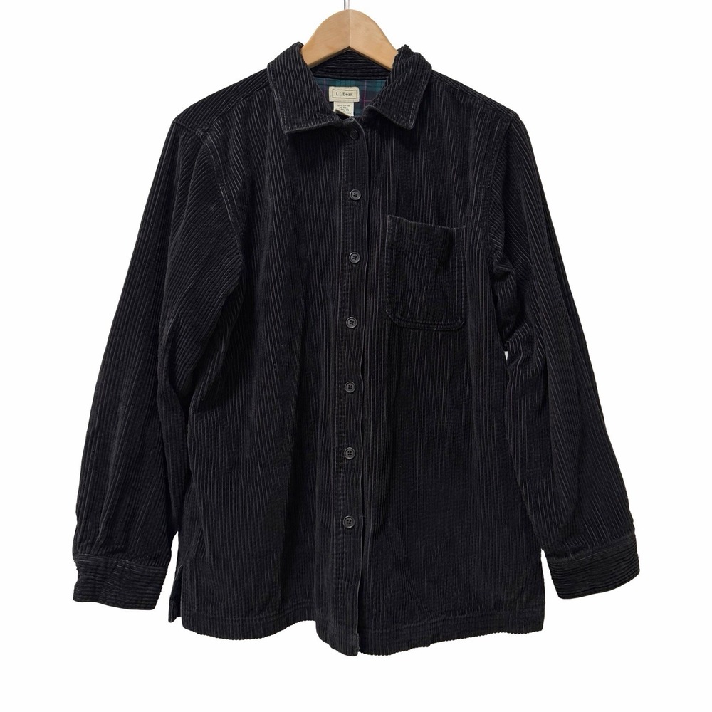 LL Bean Womens Corduroy Flannel Lined Button Up Shirt Size M Black Country Chore